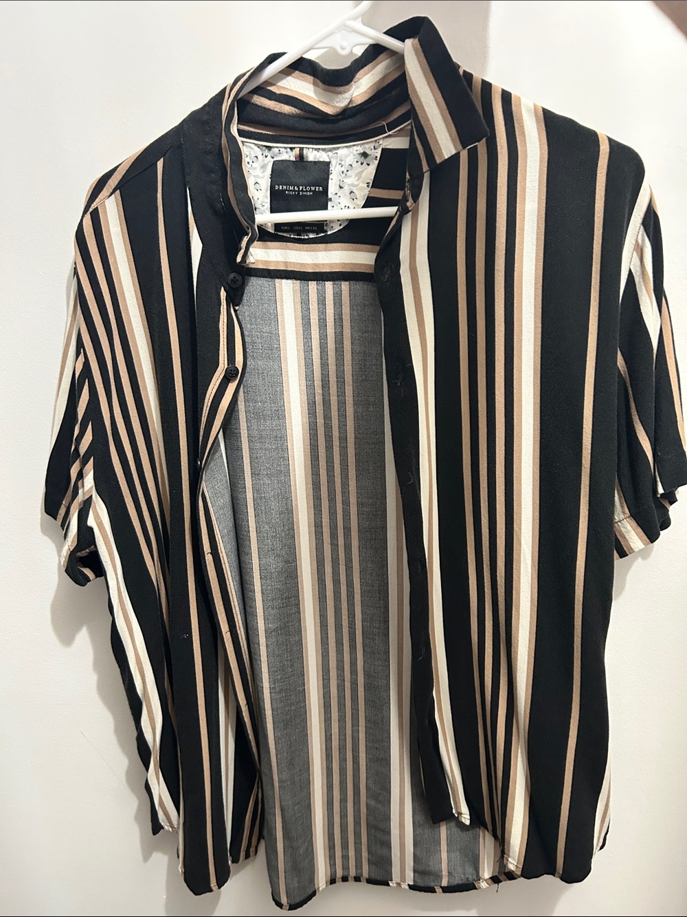 Denim & Flower Men's Black, Beige and White Striped Short Sleeve Button-Up Shirt